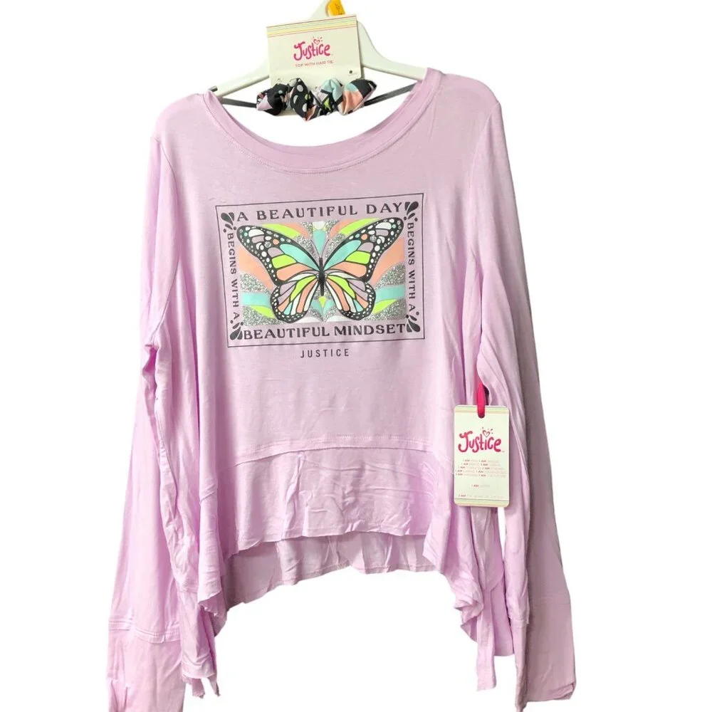 Justice Girls Collection X Long Sleeve 2-Fer‎ Swing w/ hair tie Shirt 12-14 NWT